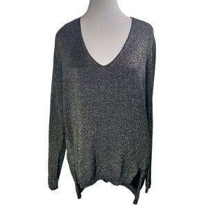 Kenneth Cole Metallic Thread Sweater V Neck High Low Size Medium Black Gold